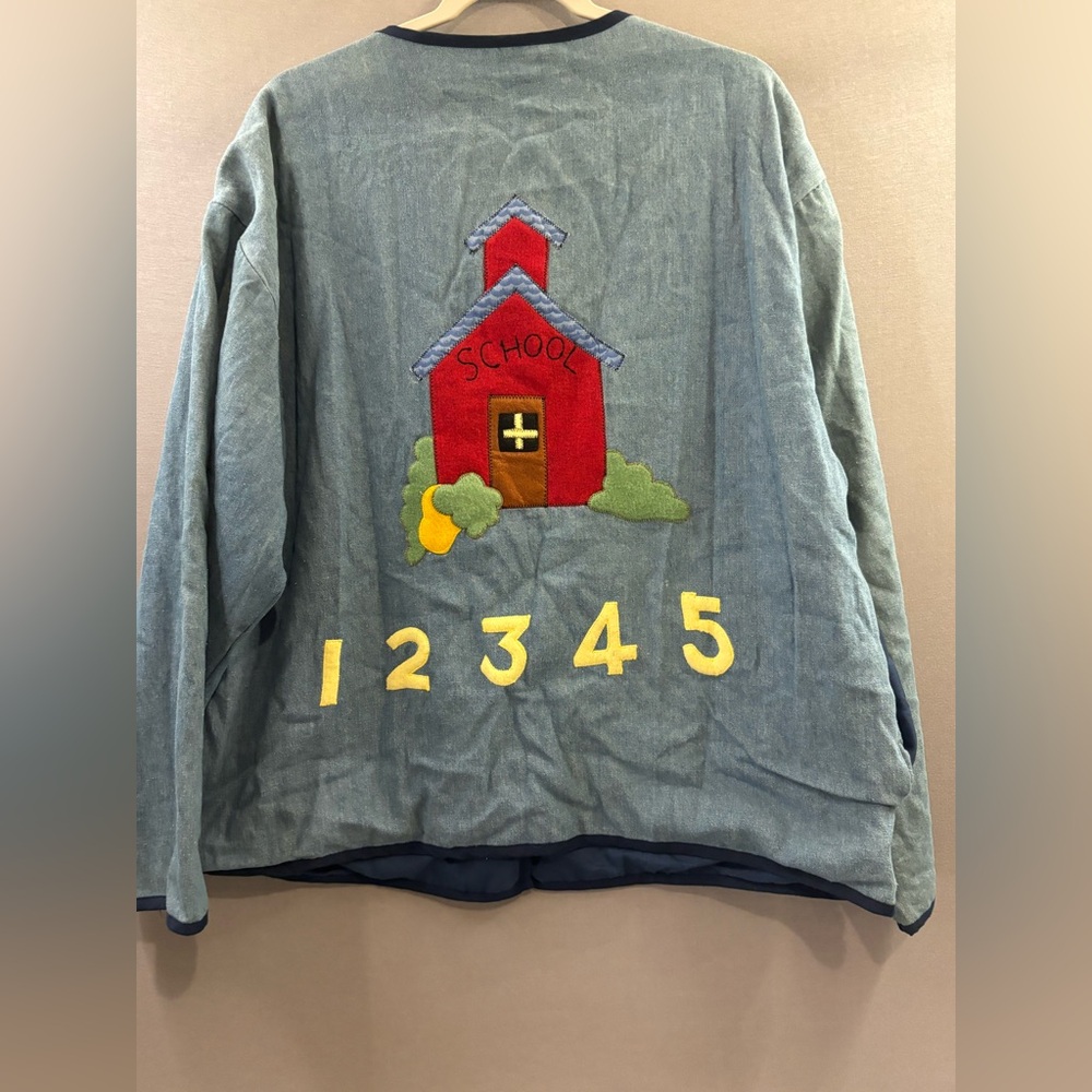 One of a kind vintage 90s teacher denim jacket L/XL unique appliqués school - Picture 5 of 6